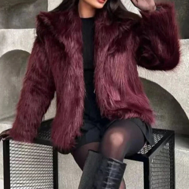 Women's Fur Coat Plush Burgundy Bomber Jacket Solid Crop Jacket Winter Coats
