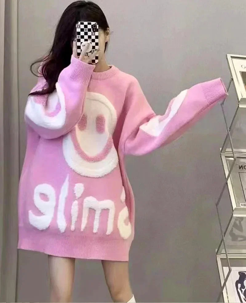Thickened Versatile Smiling Face Pink Sweater Warm Christmas Sweater
