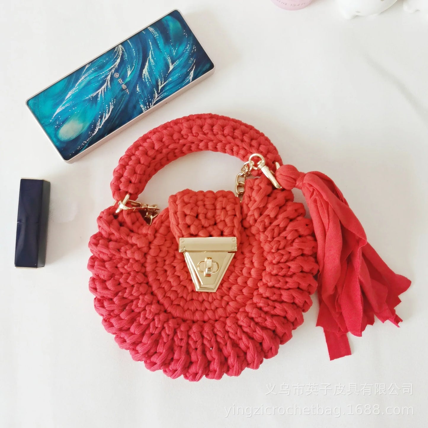 Bohemian Women's Solid Color Hook Knit Bag Round Fringed Small Crossbody Bag Soft Material
