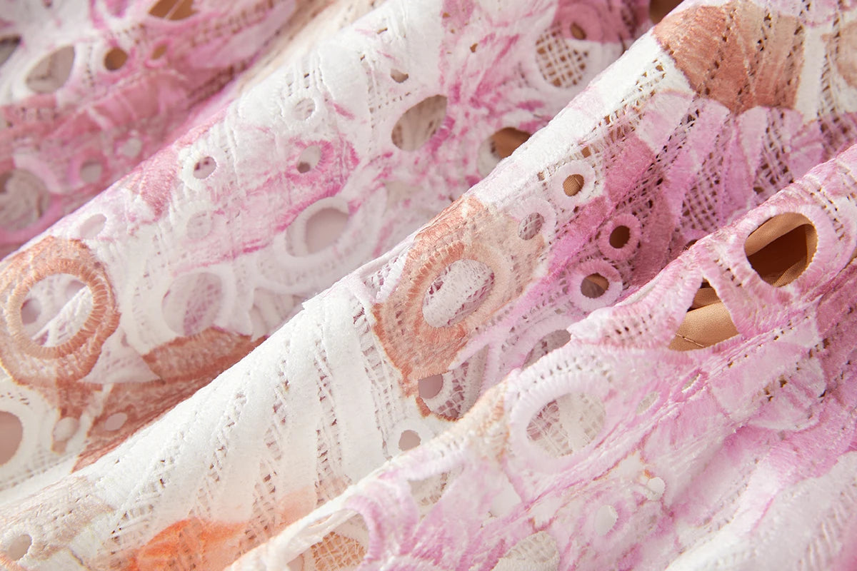Flower Embroidery Maxi Wedding Guest Dress Women Flare Ruffles Sleeve Neck Colorful Long Robe