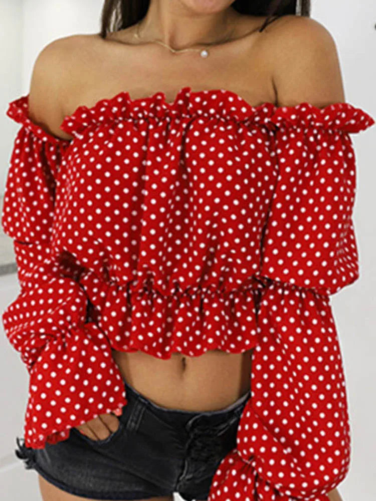 Candy Color Off Shoulder Crop Tops women Summer lantern sleeve blouse