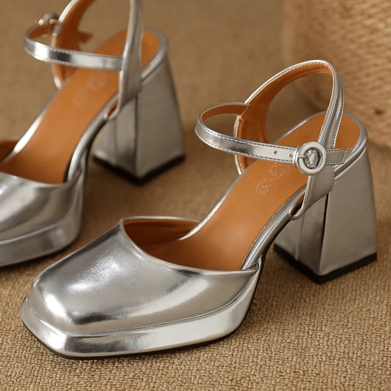Luxury Women's Sandals Summer Shoes Ankle Strap Gold Silver High Heels Close Toe Party Shoes