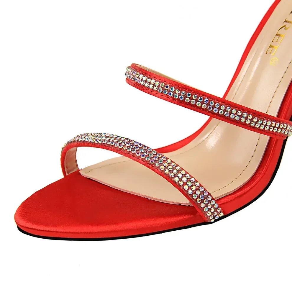 Women Luxury Party 8.5cm High Heels Summer Sexy Nightclub Sandals Female Red Green Ankle Strappy Roman Gladiator Crystal Sandles