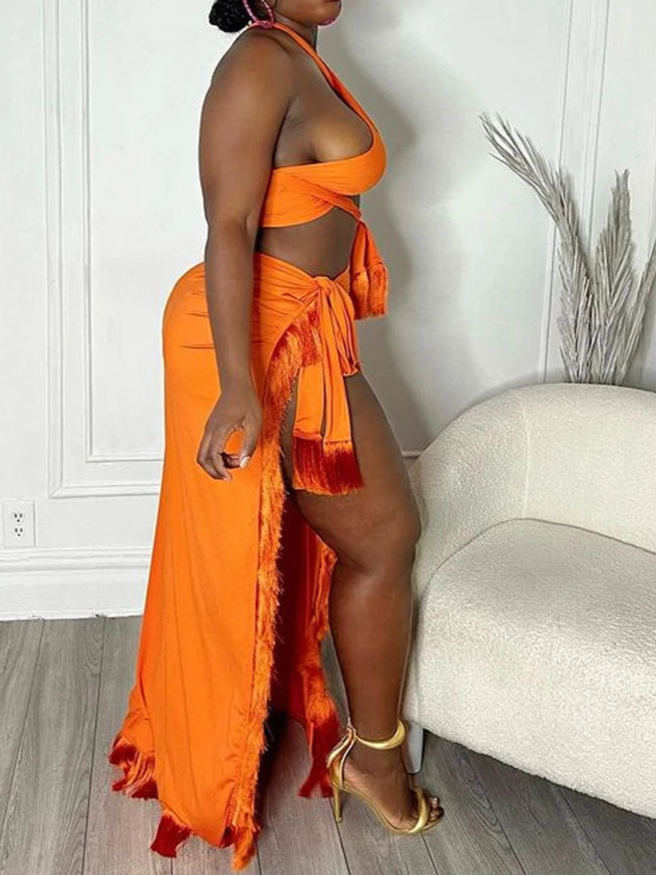 Chic Halter Neck Crop Top And High Slit Resort Wrap Skirt Set Two-Piece Outfits Resort Cover-Up Set