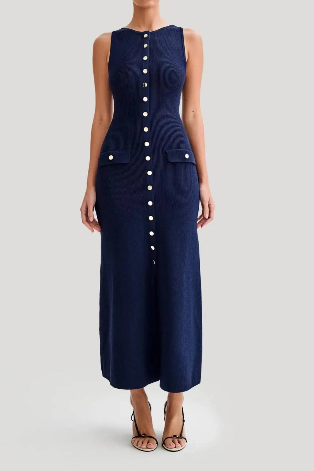 Elegant Knitted Long Dresses Women O Neck Sleeveless Single Breasted Bodycon Midi Dress
