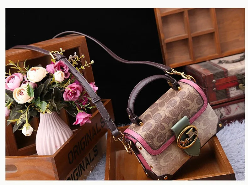 contrasting color women's bag, high-end carriage crossbody bag, portable box bag