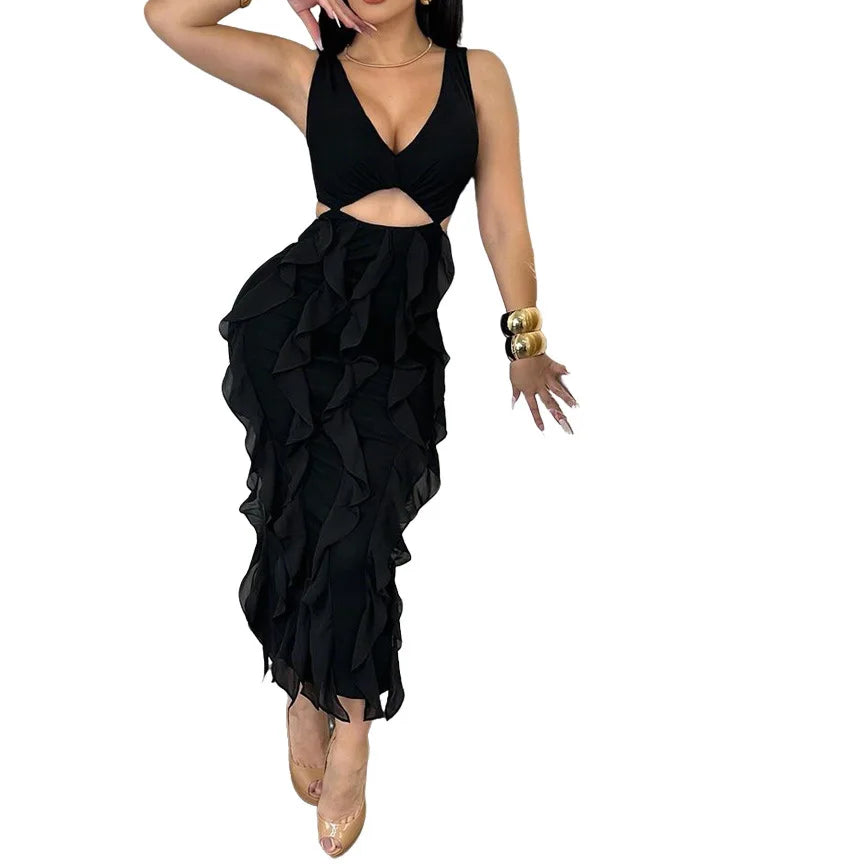 Wedding Guest Dress Women Sleeveless V-neck Ruffle Bodycon Midi Dress Birthday Outfit