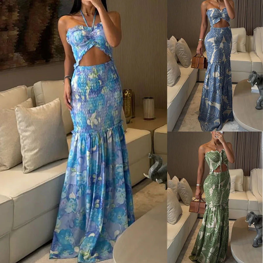 High Waist Hollow Dress Women Lace-Off Printed Sling Long Floor Maxi Dress