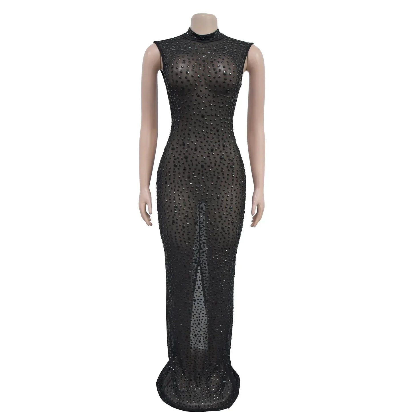 Cocktail Dress Diamonds Hot Rhinestones O-neck Women Sleeveless Bodycon Maxi Dress