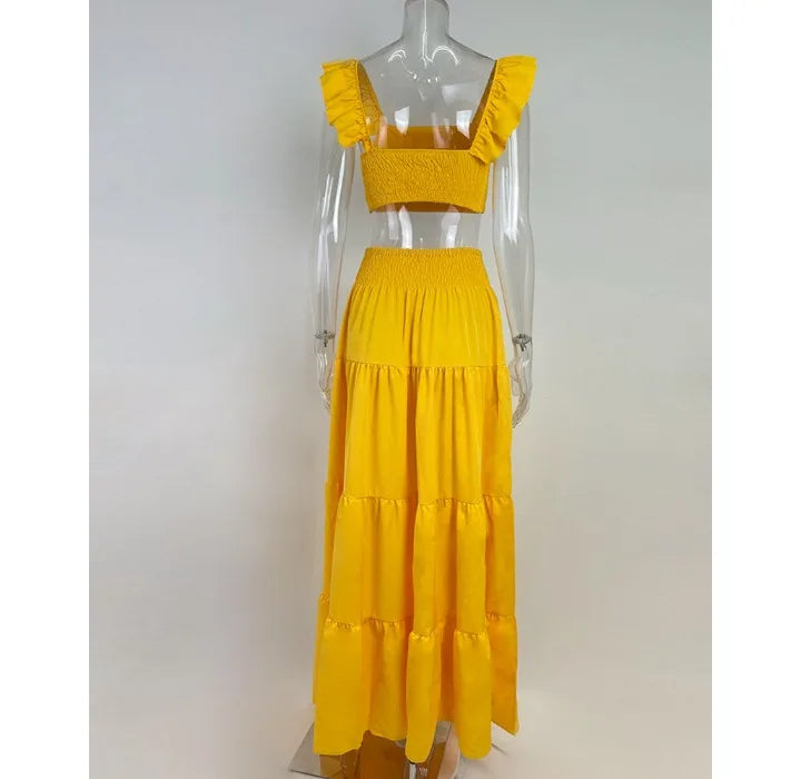 Y2k Two Piece Set Elegant Sexy Collage Sleeveless Top and Maxi Skirt Set