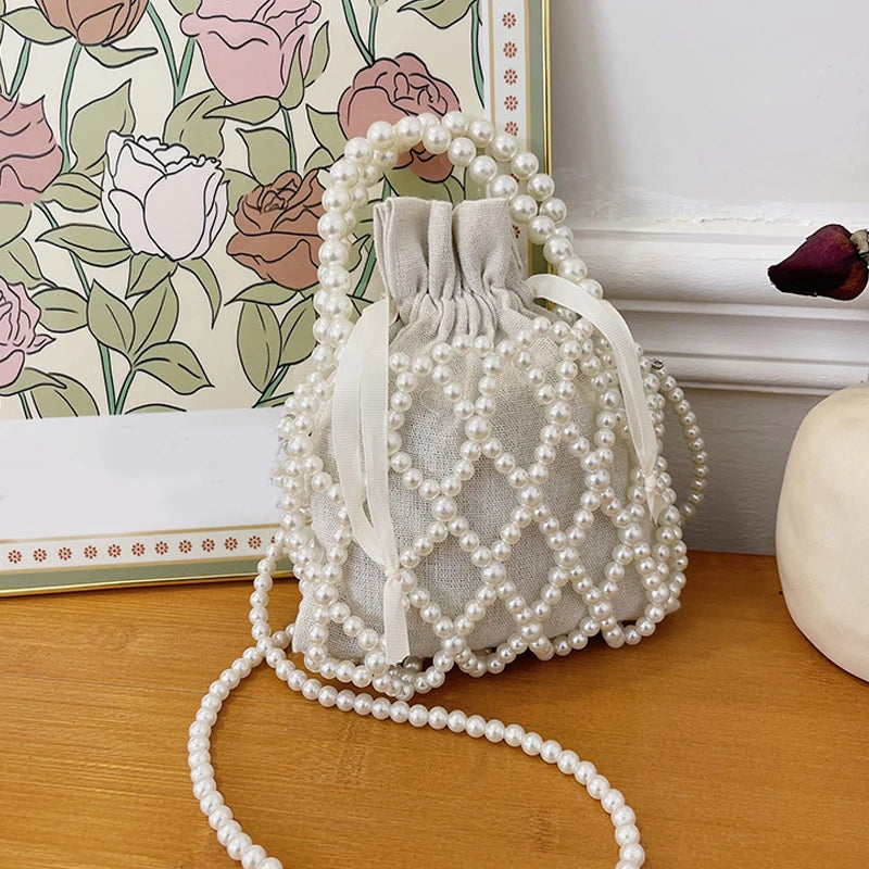 Luxury Pearl Women Bucket Tote Bag Woven Pearl Crossbody Bags for Women Small Wallet