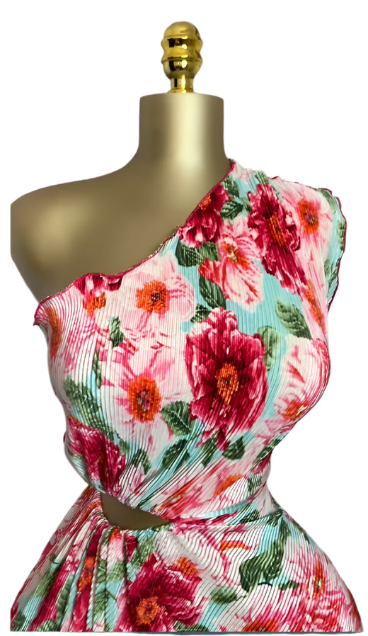 Women Floral Printed One Shoulder Skew Neck Cutout Waist Pleated Maxi Long Dress Birthday Outfit