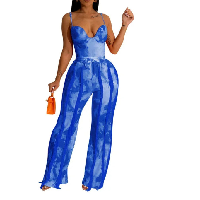 Tie Dye Printing Two Piece Set for Women Pant Sets Birthday Outfits Clubwear Bodysuit Top and Fringe Tassel Pants Matching Sets