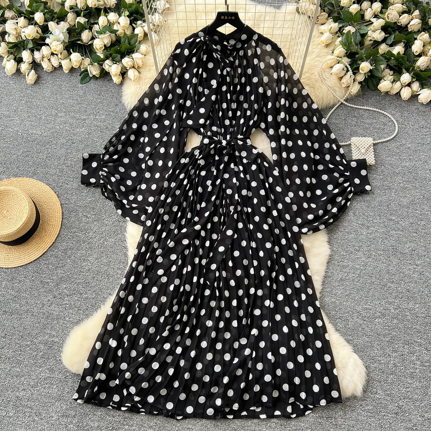 Women Elegant Long Flare Sleeves Vintage Bow neck Bow Loose Midi Dress