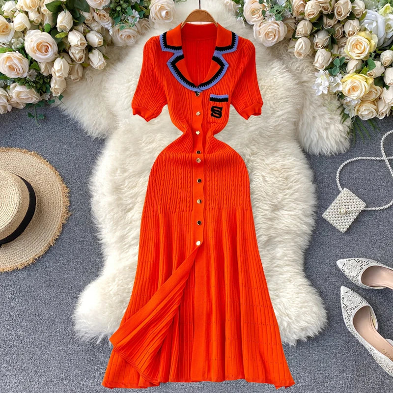 Women Contrast Color Midi Dress Elegant Pockets Short Sleeves Button Down Dress