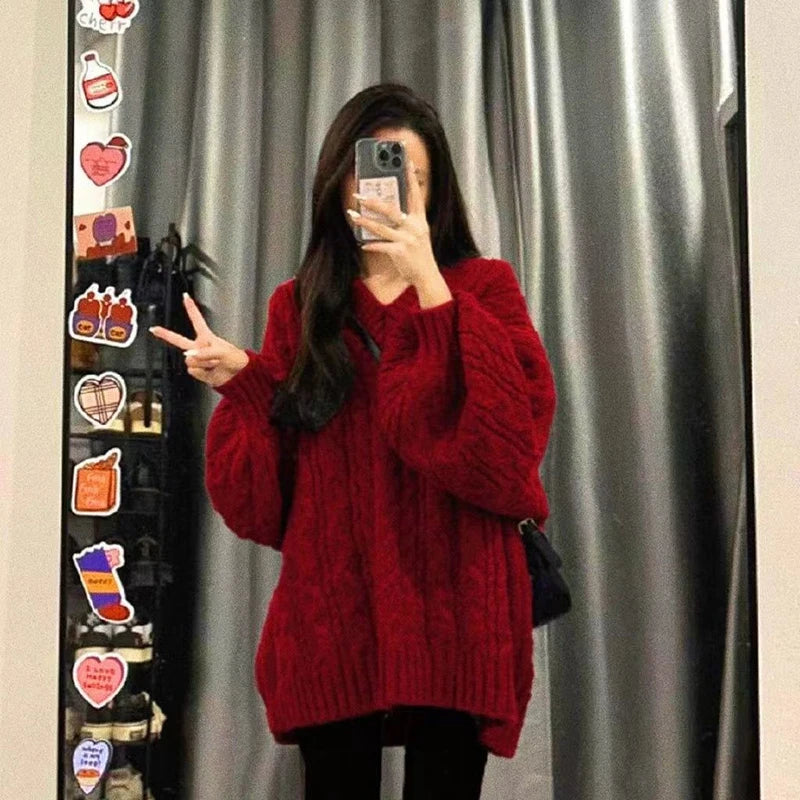 Harajuku Women Sweater Cute Oversized Knitted Pullover V Neck Sweater