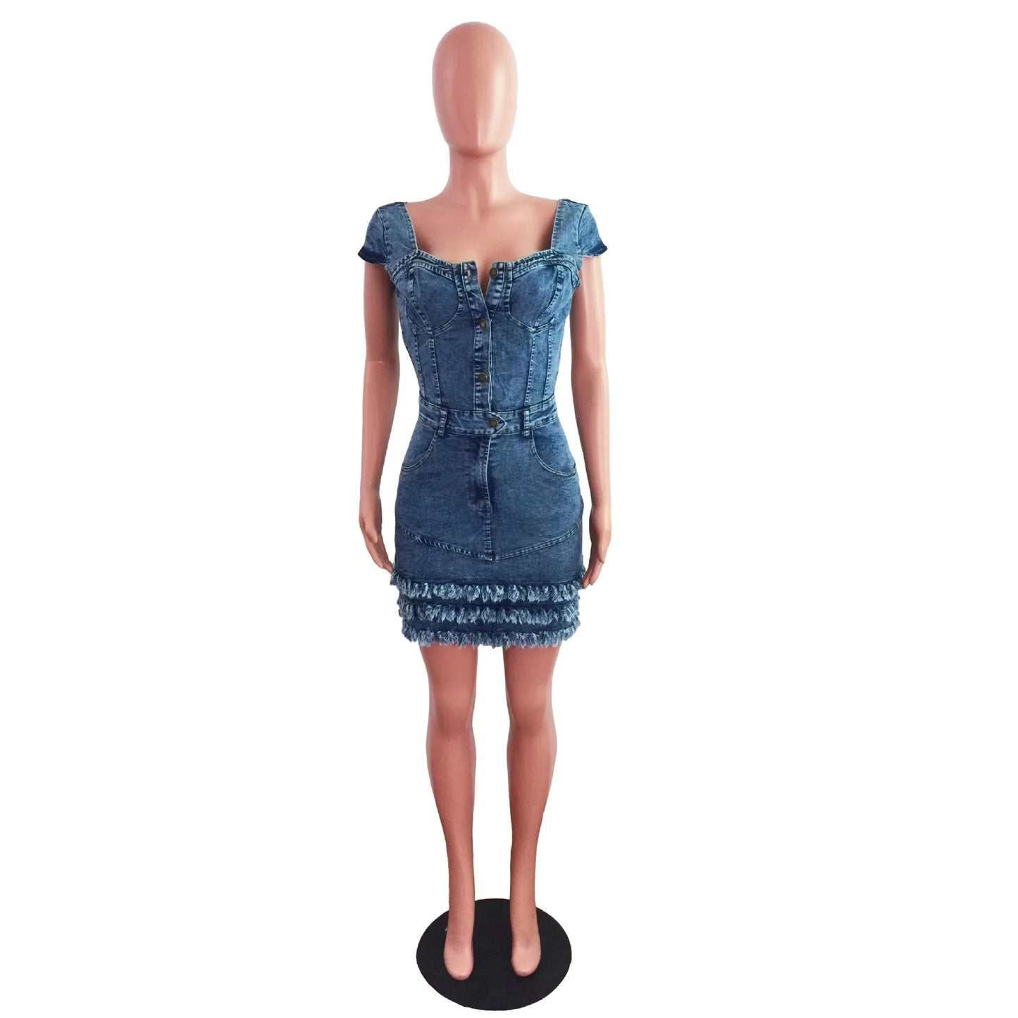 Women Sexy Short Sleeve Denim Dress Slim Fit Tassel Package Hip Pocket Button Denim Dresses Sheath Backless Tight High Waist
