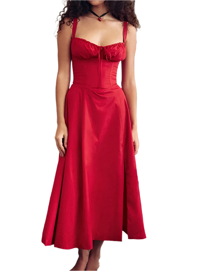 Elegant A Line Midi Dress Sexy Spaghetti Strap Lace Up Red Holiday Party Dresses Summer Dresses