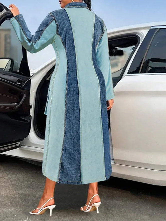 Plus Size Denim Dresses Women Long Sleeve Casual Button Pockets Striped Maxi Dress