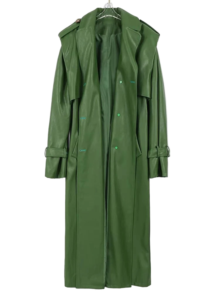 Long Green Pu Leather Trench Coat for Women with Back Slit Sashes Single Breasted