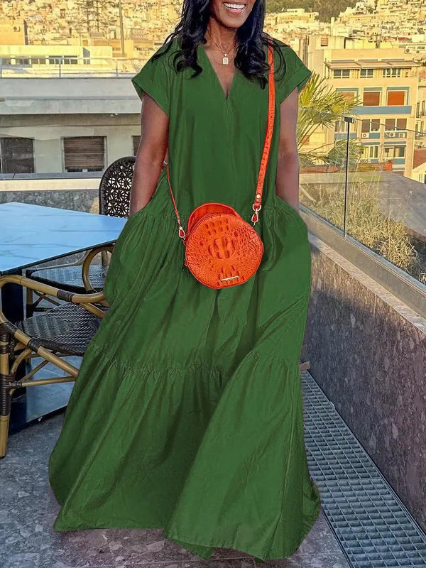 Women's Cotton-Blended Solid Color Dress V-neck Short Sleeves Split-joint Loose A-line Dress Floor Length Party Dresses