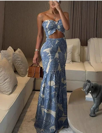High Waist Hollow Dress Women Lace-Off Printed Sling Long Floor Maxi Dress