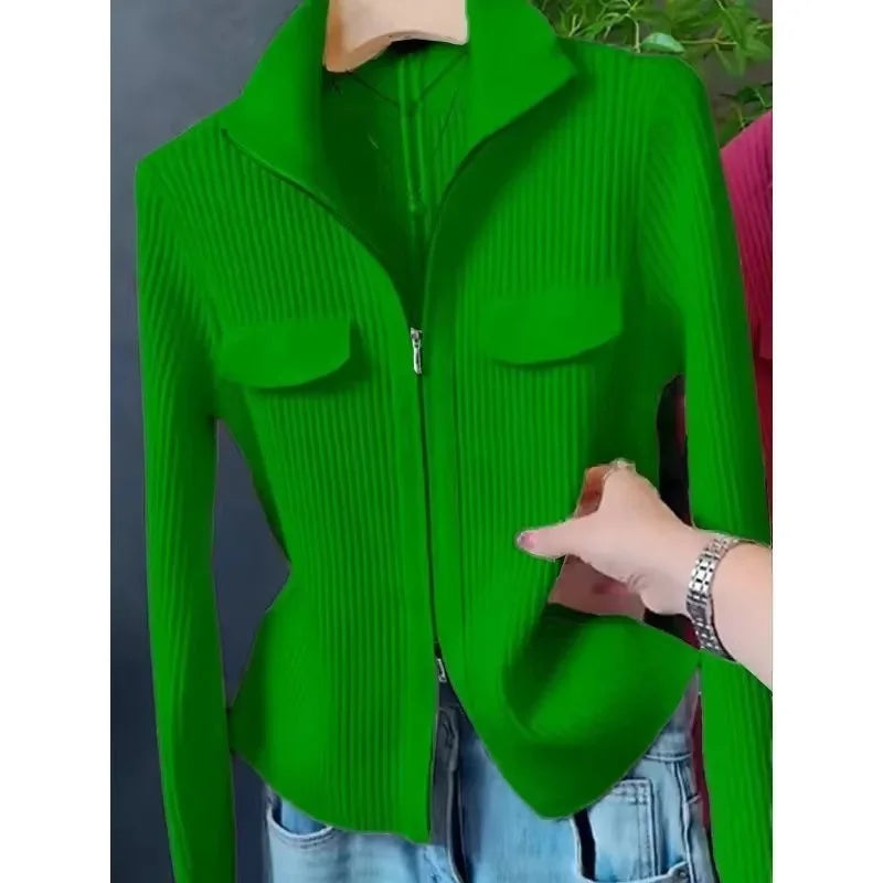 Women Knitted Sweater Cardigan Short Jacket Turn-Down Collar Knit Top