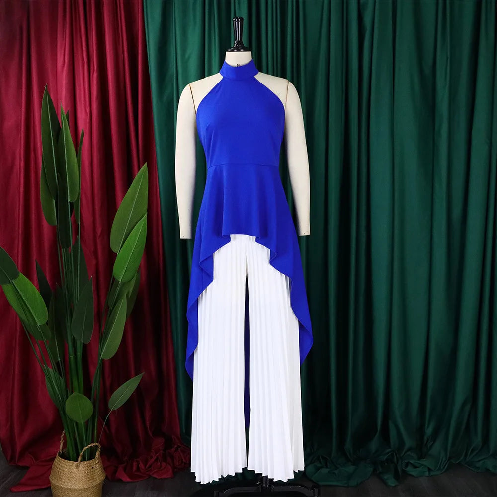 Elegant Two Piece Set Women Outfit Backless Top Hundred Pleated Wide Leg Pants Trousers Suit Summer Office Lady Suit