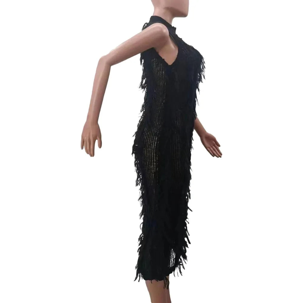Fur Hollow Out Perspective Midi Dress Women Round Neck Sleeveless Slim Dress