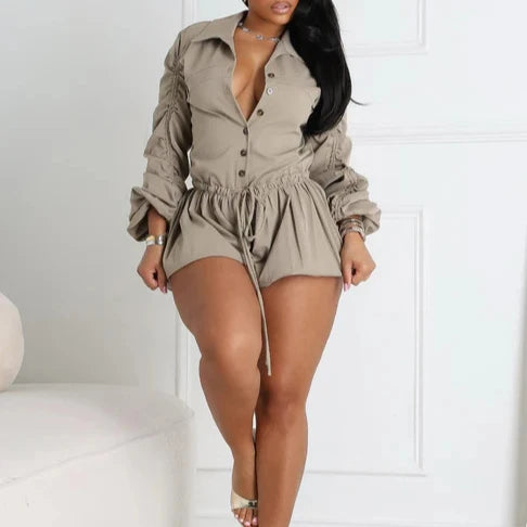 Elegant Ruched Drawstring Patchwork Rompers Woman Solid Color Lantern Sleeve Jumpsuits