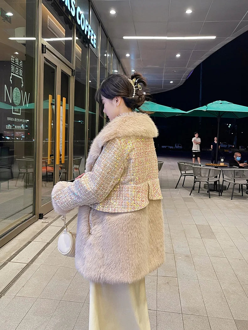 Winter Fur Coat Women Luxury Sequined Wool Faux Fur Long Jacket Fluffy Overcoat