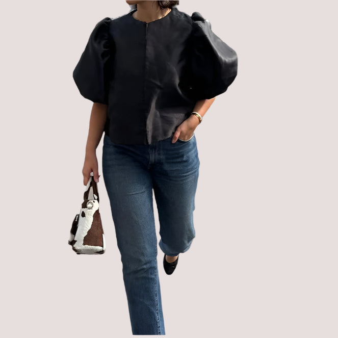 Solid Satin Women's Blouse Top With Pouf Balloon Sleeve O Neck Loose Blouses