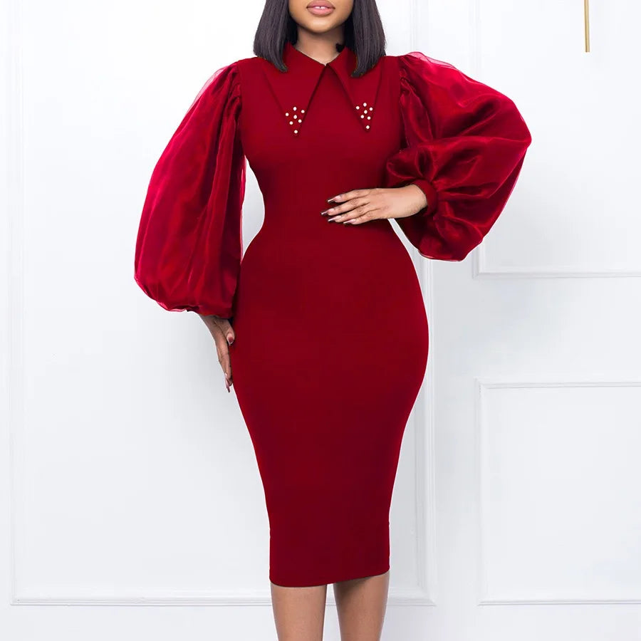Elegant Office Dress fro Women Professional Full Sleeve Turn Down Collar Beaded Sheath Package Hips Mid Calf Formal Work Dress