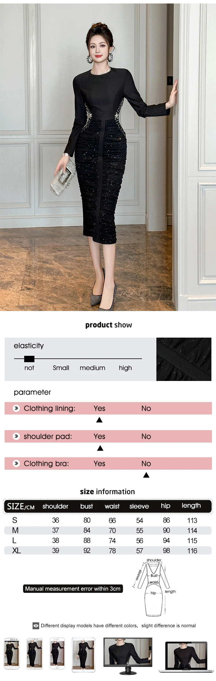 French Elegant Formal Shiny Rhinestone Folds Bodycon Midi Dress