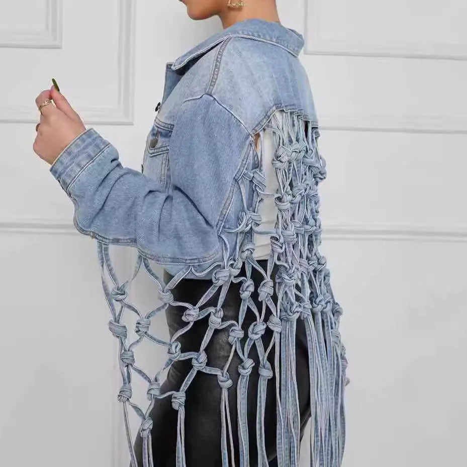 Women Denim Jacket Back Grid Fringe Personalized Jacket Coat
