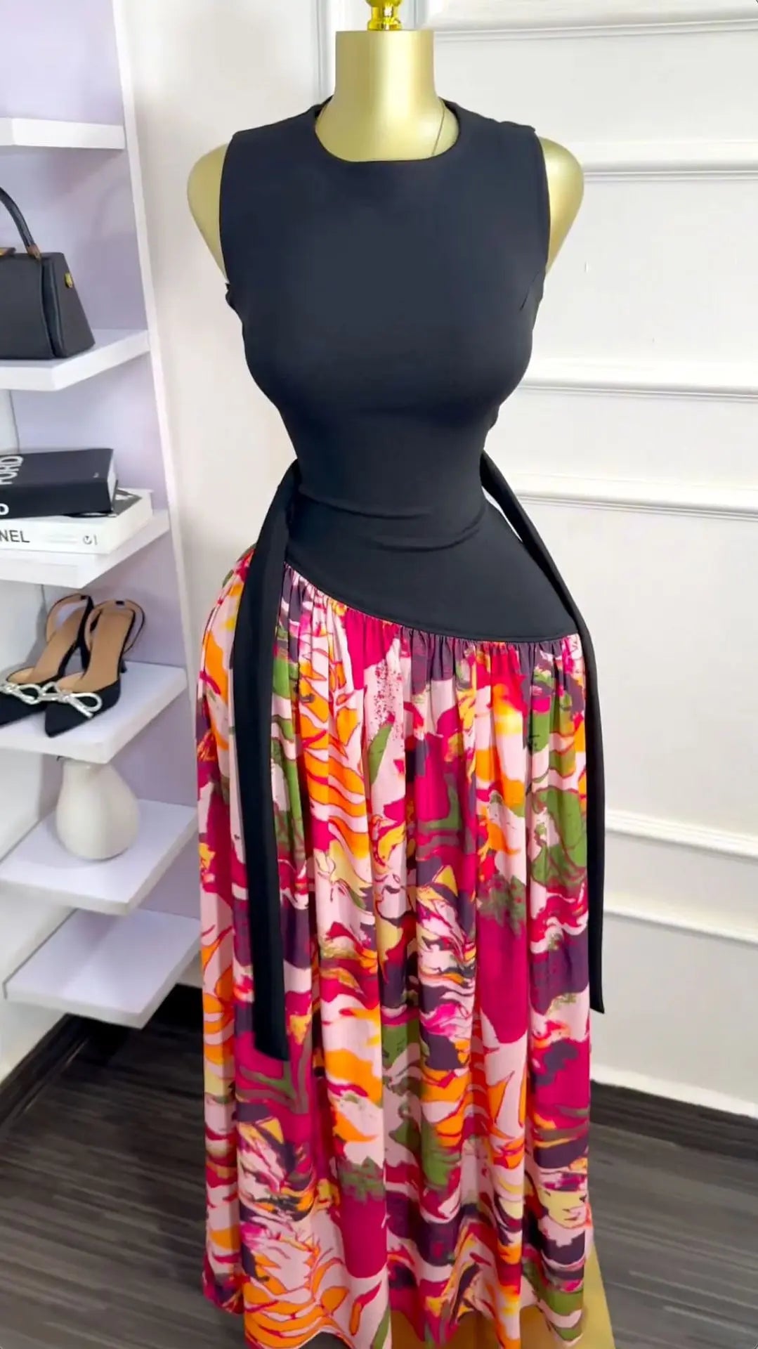 Sleeveless ashes Maxi Dress Printed Patchwork Tank Long Maxi Dress