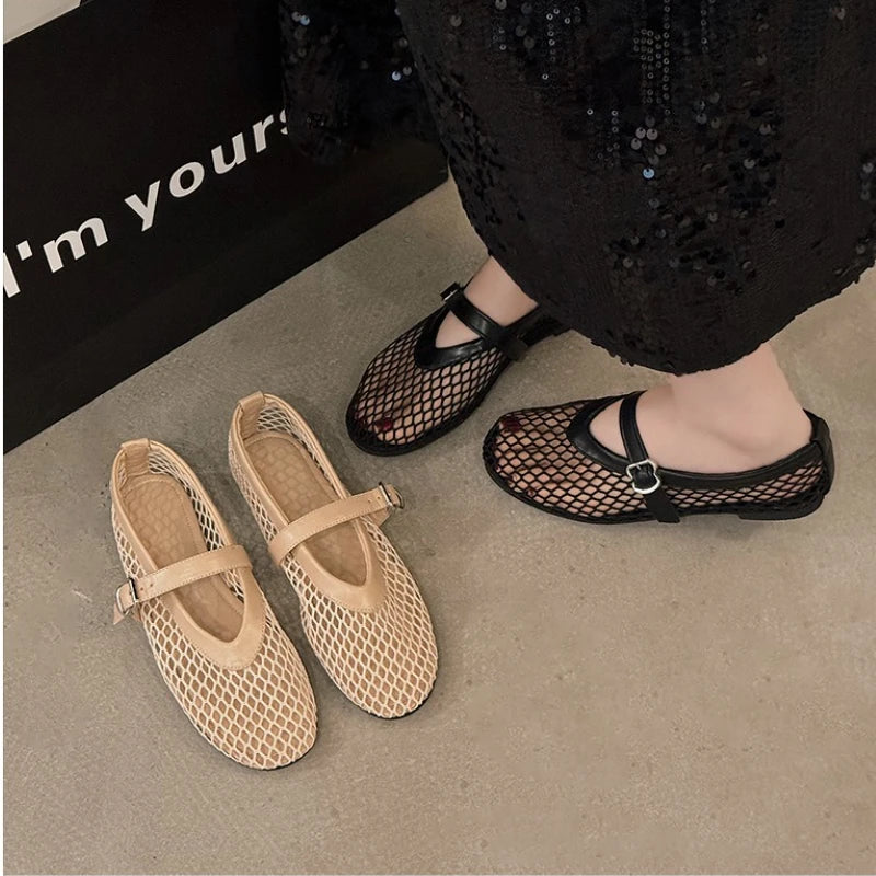 Breathable Mesh Black Ballet Shoes Daily Walking Street Sandals