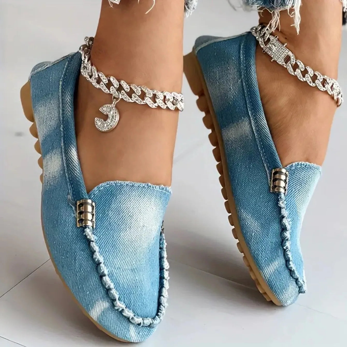 Women Denim Flats Round Toe Thick Bottom Walking Flat Shoes