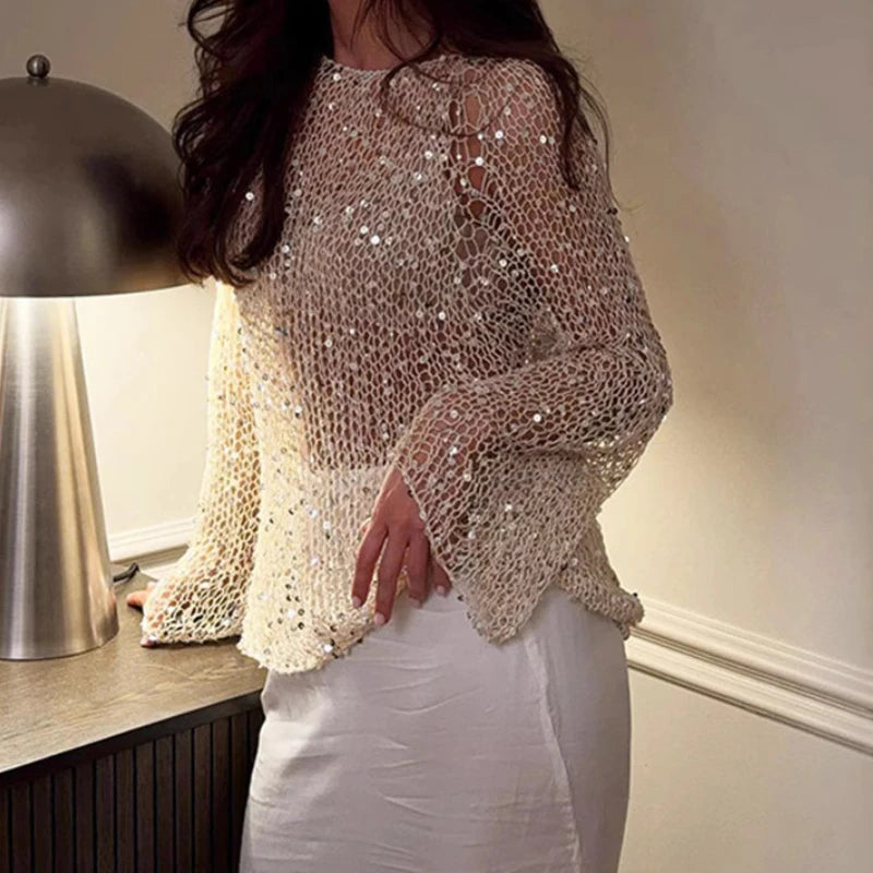 Sequins Hollow Out Pullovers Women Loose O-neck Long Sleeve Knit Sweaters