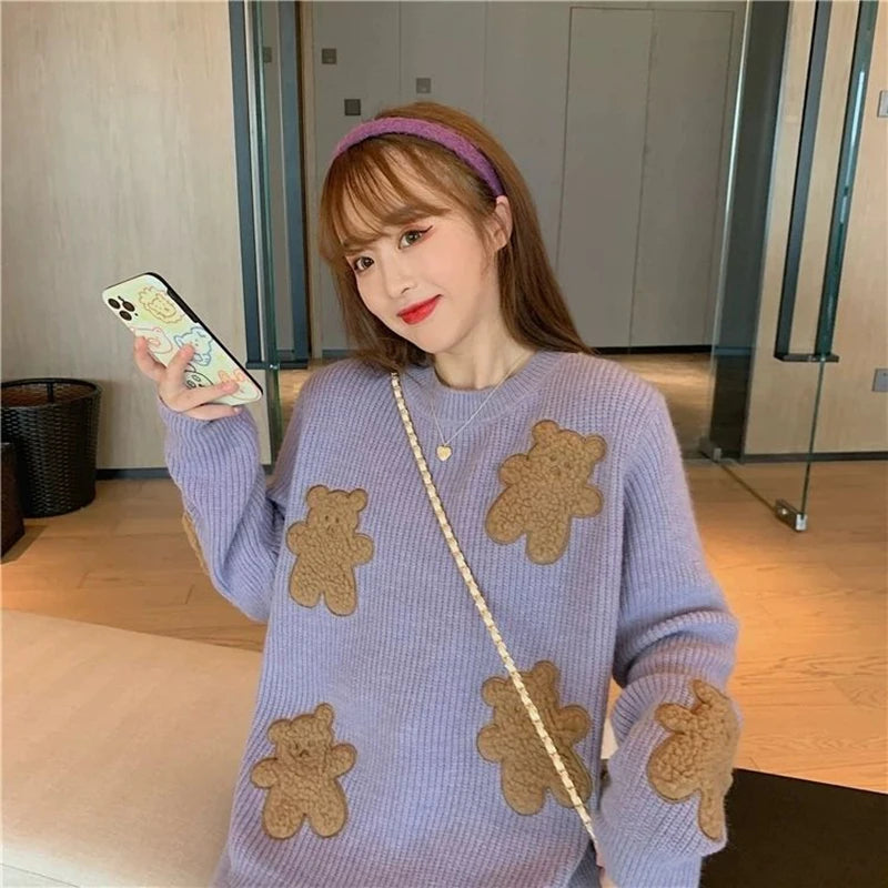 Sweet Cartoon Bear Sweater Women Cute Knitted Pullover Oversized Knitwear
