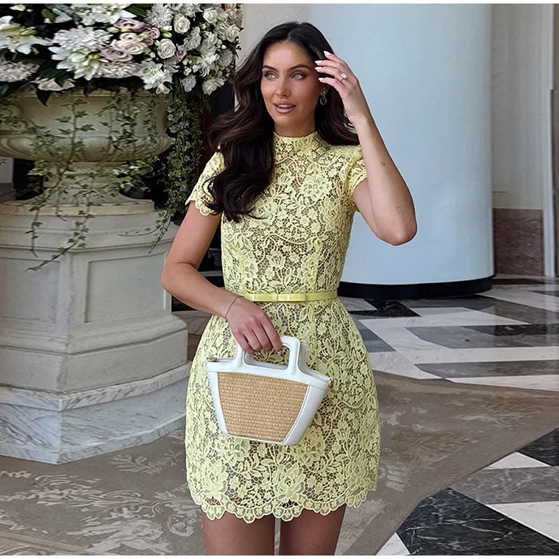 Sexy Lace Printed Women's Dress Elegant O-neck Short Sleeve High Waist Mini Dress