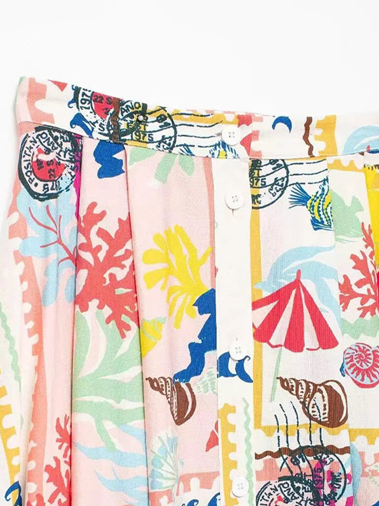 Colorful Printed Suspenders Skirt Set Women Patchwork Quilted High Waist Skirt Two Piece Summer