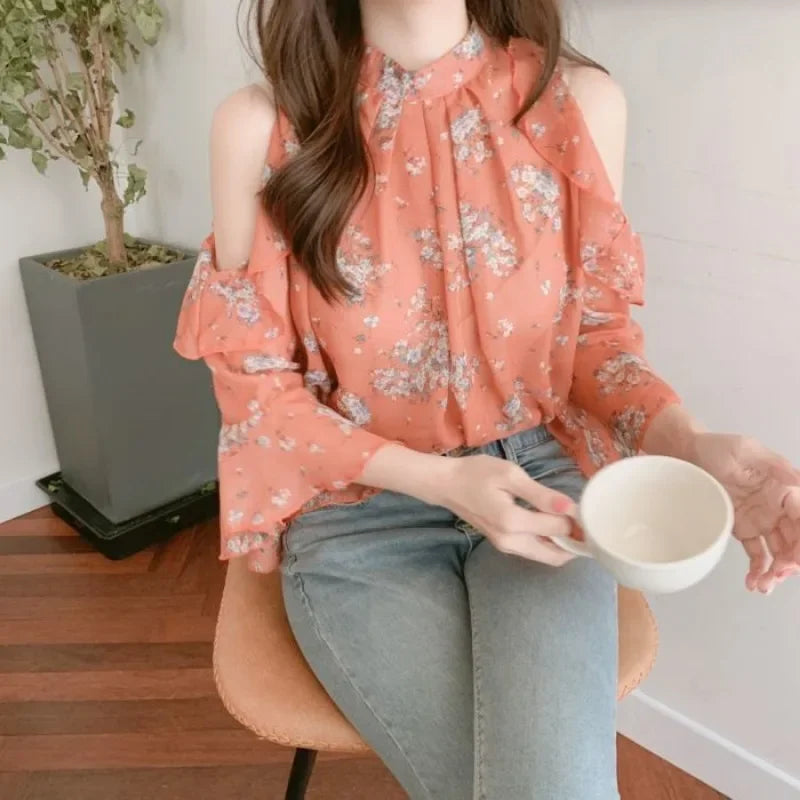 Floral Chiffon Shirts & Blouses For Women Off Shoulder Woman Top
