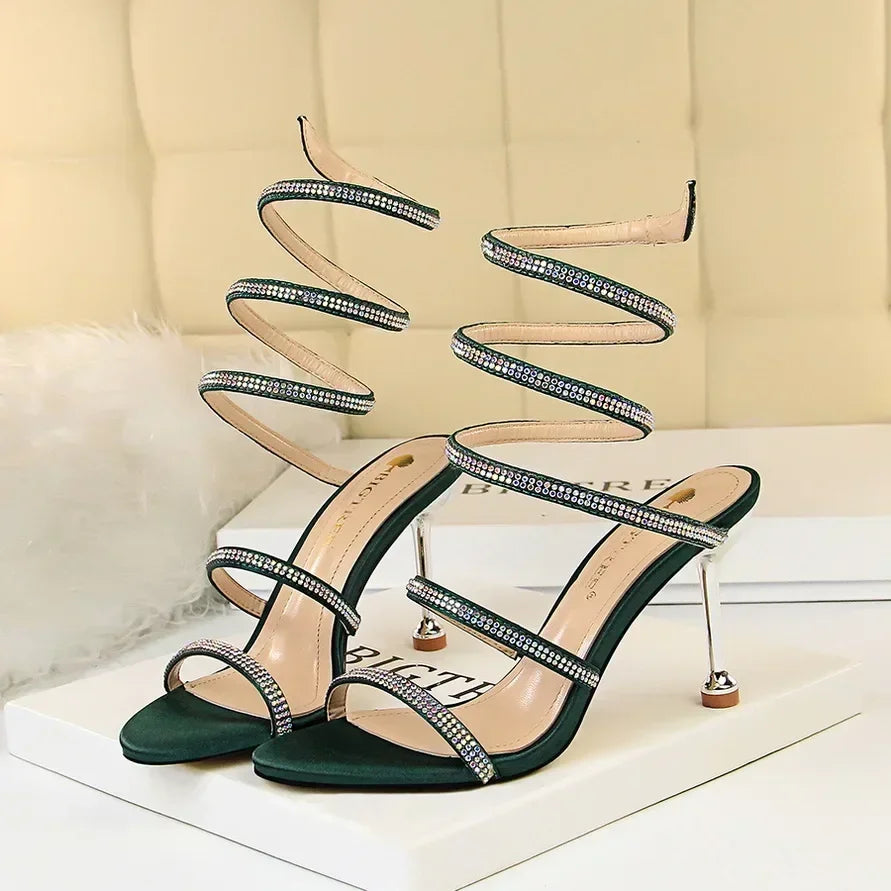 Women Luxury Party 8.5cm High Heels Summer Sexy Nightclub Sandals Female Red Green Ankle Strappy Roman Gladiator Crystal Sandles