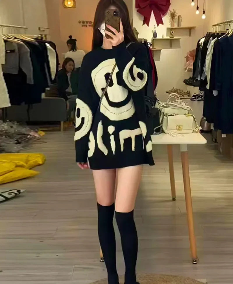 Thickened Versatile Smiling Face Pink Sweater Warm Christmas Sweater