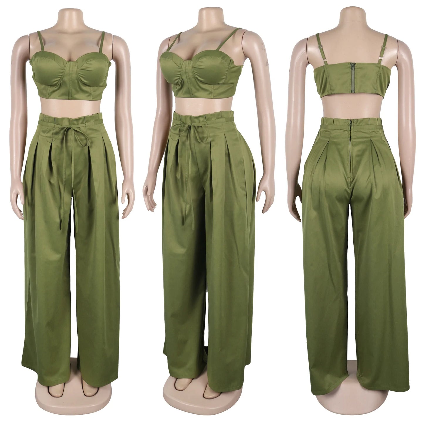 Sexy Zip Crop Camisole and High Waisted Drawstring Wide Leg Trousers 2 Piece Women Pants Suit Streetwear