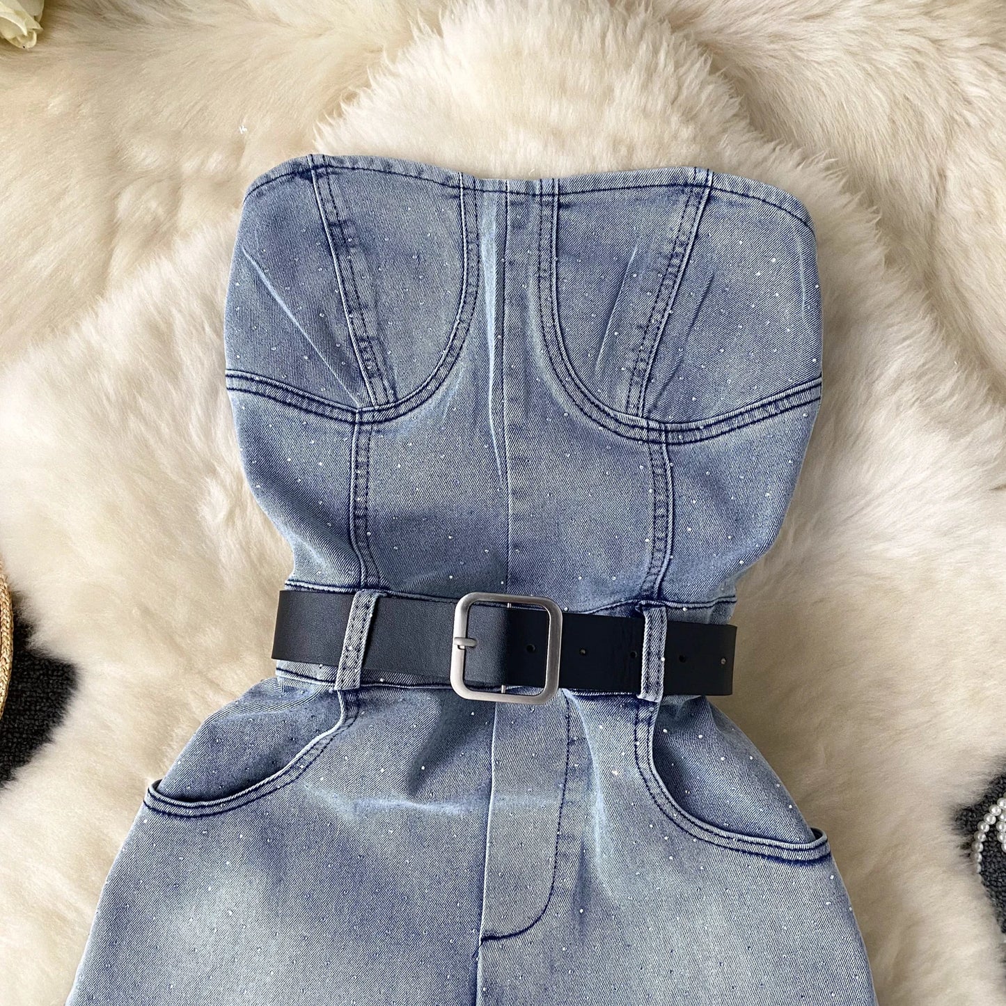 Women Denim One Pieces Summer Playsuit High Waist Slim Sleeveless Strapless Sashes Outfits