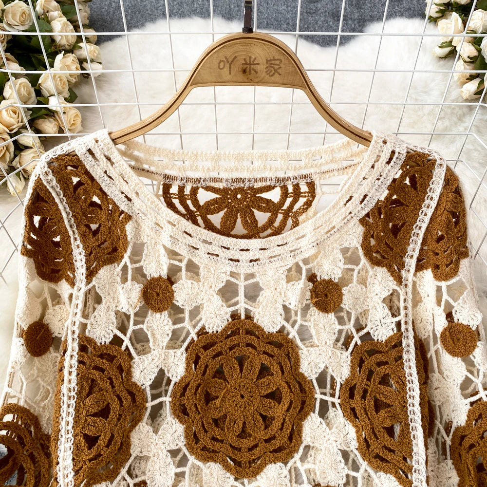 Sunscreen Hook Summer Knit Top Women Elegant O Neck Hollow Out Lantern Sleeve Ladies Vacation Tassel Beach Blouse