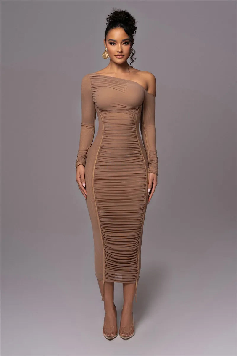 Diagonal Collar Long Sleeve Midi Bodycon Dress For Women Two Layer Mesh