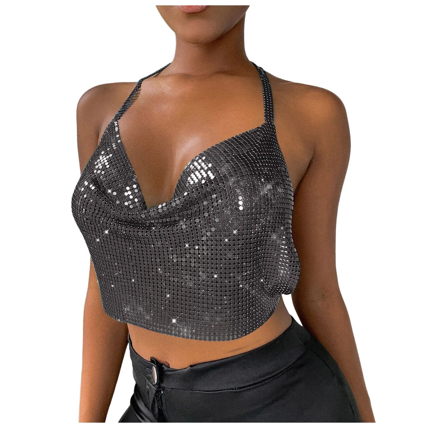 Sexy Sequins Metal Crop Tops Women Suspenders Halter Backless Night Club Tank Top